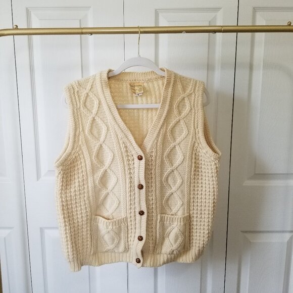 MADE IN IRELAND ARAN WOOL SWEATER FALCARRAGH FISHERMAN WOOL VEST SIZE XL - Picture 1 of 7